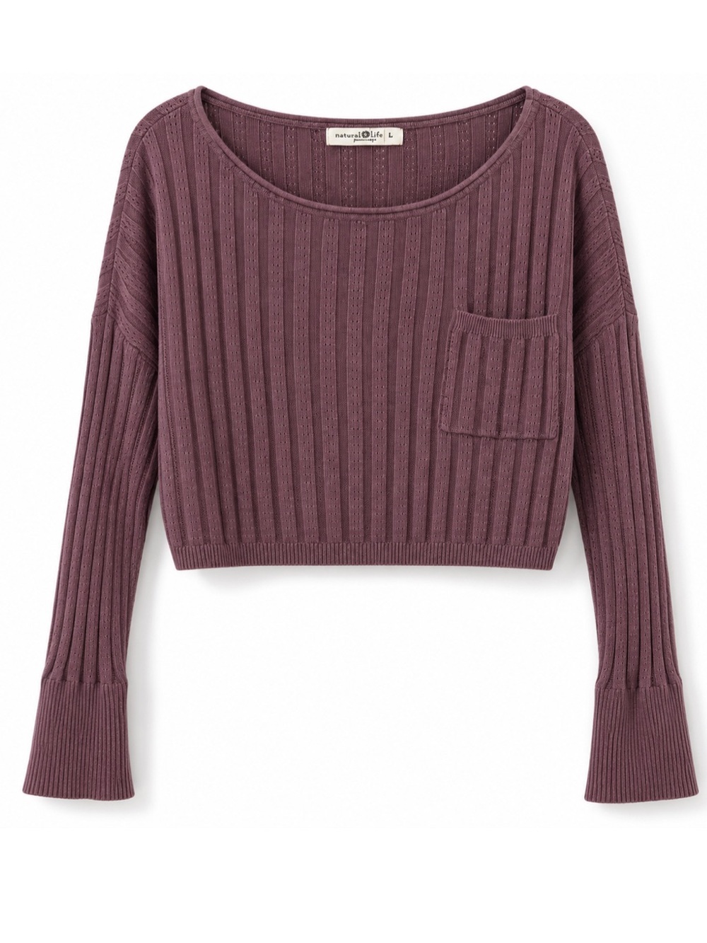 NATURAL LIFE Cropped Ribbed Scoop-Neck Sweater — Mauve Plum - Picture 2 of 4
